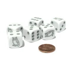 Dice>Set of 6 Owl 16mm D6 Round Edged Animal Dice - White with Gray Pips - Your Source for Gaming Essentials
