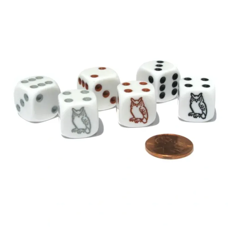 Dice>Set of 6 Owl 16mm Dice - 2 Each of White with Black, Brown, and Gray Pips - Your Source for Gaming Essentials