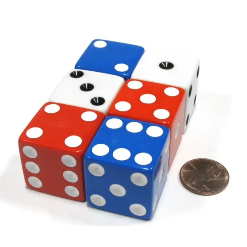 Dice>Set of 6 Patriotic D6 25mm Large Opaque Jumbo Dice- 2 Each of Red White and Blue - Your Source for Gaming Essentials