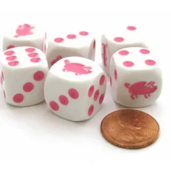 Dice>Set of 6 Pig 16mm D6 Round Edged Animal Dice - White with Pink Pips - Your Source for Gaming Essentials