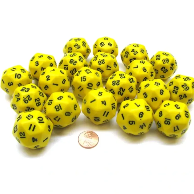Dice>Set of 20 Triantakohedron D30 30 Sided 33mm Jumbo Dice - Yellow w Black Numbers - Your Source for Gaming Essentials