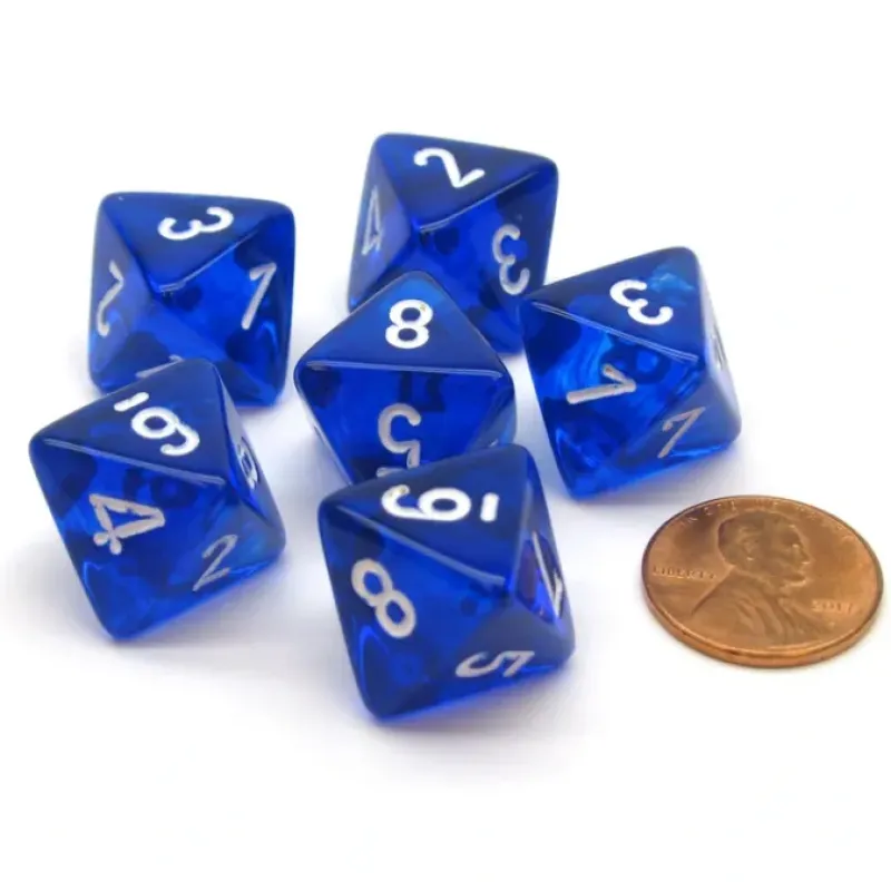 Dice>Translucent 15mm 8 Sided D8 Chessex Dice, 6 Pieces - Blue with White - Your Source for Gaming Essentials