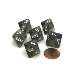 Dice>Translucent 15mm 8 Sided D8 Chessex Dice, 6 Pieces - Smoke with White Numbers - Your Source for Gaming Essentials