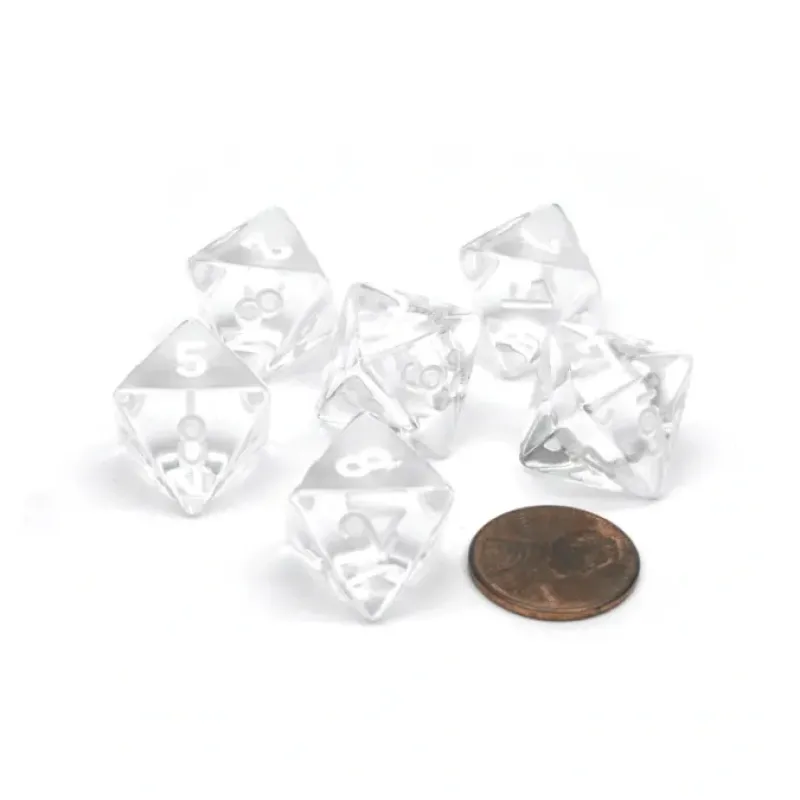 Dice>Translucent 15mm 8 Sided D8 Chessex Dice, 6 Pieces - Clear with White Numbers - Your Source for Gaming Essentials