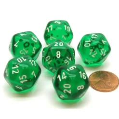 Dice>Translucent 20mm 20 Sided D20 Chessex Dice, 6 Pieces - Green with White Numbers - Your Source for Gaming Essentials