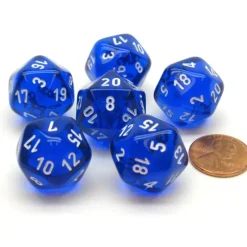 Dice>Translucent 20mm 20 Sided D20 Chessex Dice, 6 Pieces - Blue with White Numbers - Your Source for Gaming Essentials