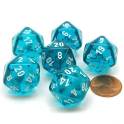 Dice>Translucent 20mm 20 Sided D20 Chessex Dice, 6 Pieces - Teal with White Numbers - Your Source for Gaming Essentials