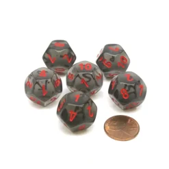 Dice>Translucent 18mm 12 Sided D12 Chessex Dice, 6 Pieces - Smoke with Red Numbers - Your Source for Gaming Essentials