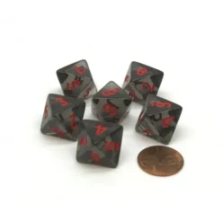 Dice>Translucent 15mm 8 Sided D8 Chessex Dice, 6 Pieces - Smoke with Red Numbers - Your Source for Gaming Essentials
