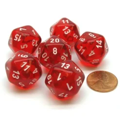 Dice>Translucent 20mm 20 Sided D20 Chessex Dice, 6 Pieces - Red with White Numbers - Your Source for Gaming Essentials