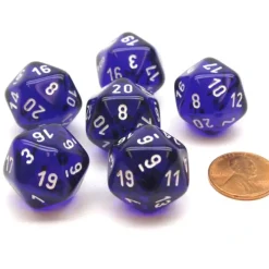 Dice>Translucent 20mm 20 Sided D20 Chessex Dice, 6 Pieces - Purple with White Numbers - Your Source for Gaming Essentials