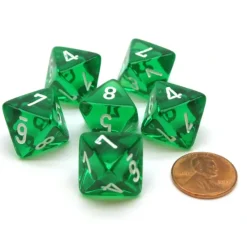Dice>Translucent 15mm 8 Sided D8 Chessex Dice, 6 Pieces - Green with White - Your Source for Gaming Essentials