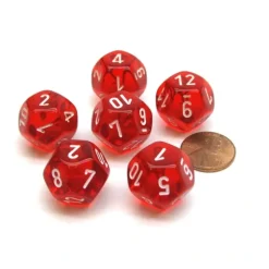 Dice>Translucent 18mm 12 Sided D12 Chessex Dice, 6 Pieces - Red with White - Your Source for Gaming Essentials