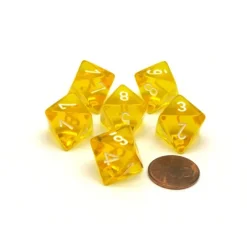 Dice>Translucent 15mm 8 Sided D8 Chessex Dice, 6 Pieces - Yellow with White Numbers - Your Source for Gaming Essentials