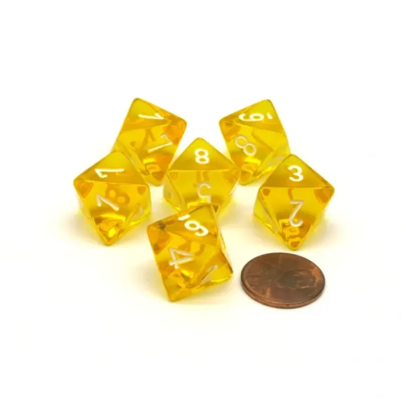 Dice>Translucent 15mm 8 Sided D8 Chessex Dice, 6 Pieces - Yellow with White Numbers - Your Source for Gaming Essentials
