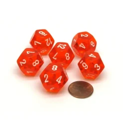 Dice>Translucent 18mm 12 Sided D12 Chessex Dice, 6 Pieces - Orange with White Numbers - Your Source for Gaming Essentials