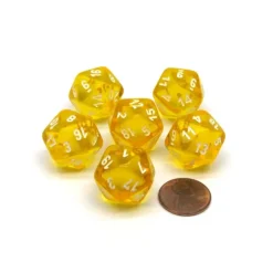 Dice>Translucent 20mm 20 Sided D20 Chessex Dice, 6 Pieces - Yellow with White Numbers - Your Source for Gaming Essentials