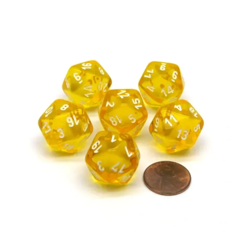 Dice>Translucent 20mm 20 Sided D20 Chessex Dice, 6 Pieces - Yellow with White Numbers - Your Source for Gaming Essentials