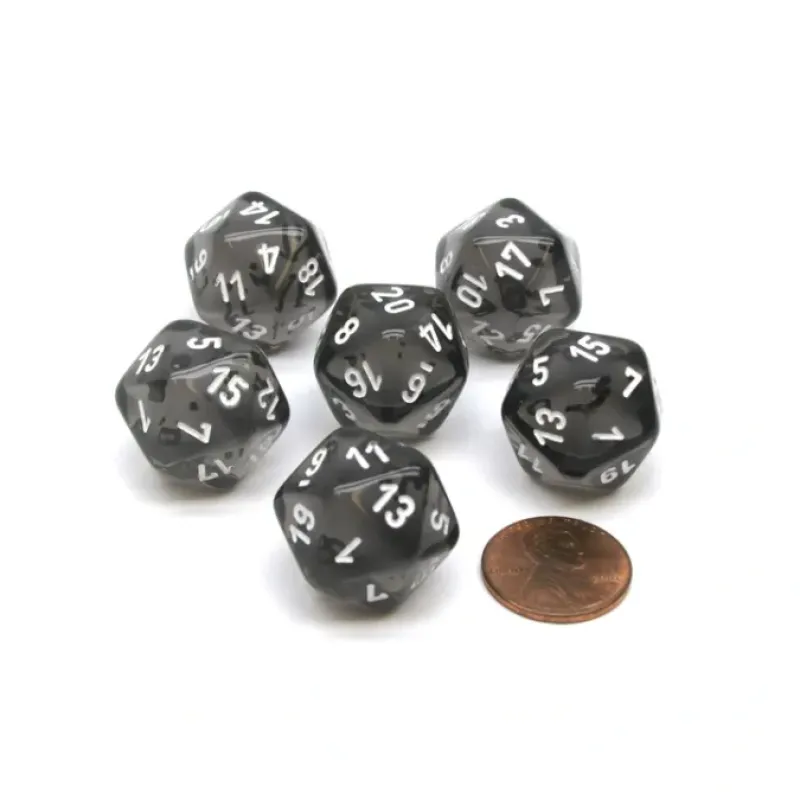 Dice>Translucent 20mm 20 Sided D20 Chessex Dice, 6 Pieces - Smoke with White Numbers - Your Source for Gaming Essentials