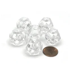 Dice>Translucent 18mm 12 Sided D12 Chessex Dice, 6 Pieces - Clear with White Numbers - Your Source for Gaming Essentials