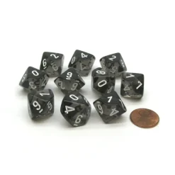 Dice>Translucent 16mm D10 (0-9) Chessex Dice, 10 Pieces - Smoke with White Numbers - Your Source for Gaming Essentials