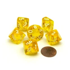 Dice>Translucent 16mm D10 (0-9) Chessex Dice, 6 Pieces - Yellow with White Numbers - Your Source for Gaming Essentials