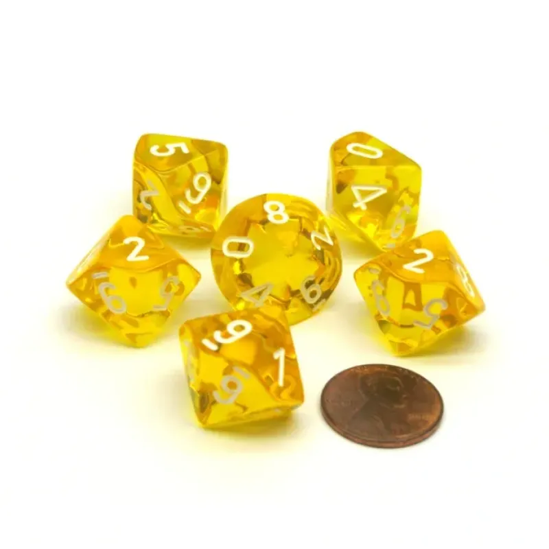 Dice>Translucent 16mm D10 (0-9) Chessex Dice, 6 Pieces - Yellow with White Numbers - Your Source for Gaming Essentials