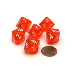 Dice>Translucent 16mm D10 (0-9) Chessex Dice, 6 Pieces - Orange with White Numbers - Your Source for Gaming Essentials