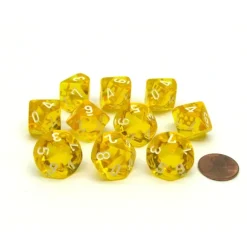 Dice>Translucent 16mm D10 (0-9) Chessex Dice, 10 Pieces - Yellow with White Numbers - Your Source for Gaming Essentials