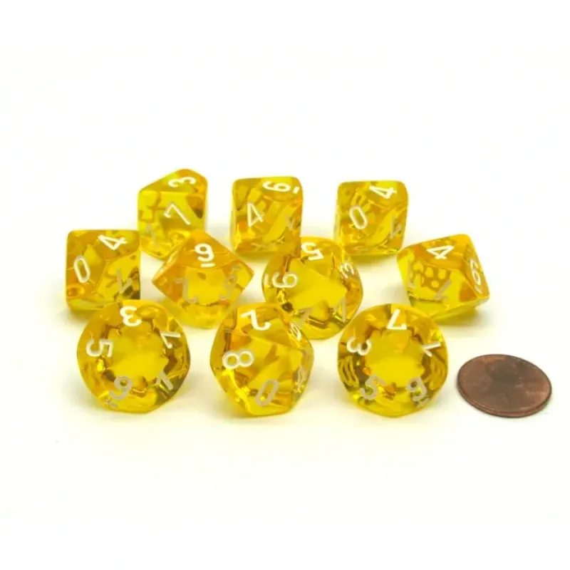 Dice>Translucent 16mm D10 (0-9) Chessex Dice, 10 Pieces - Yellow with White Numbers - Your Source for Gaming Essentials
