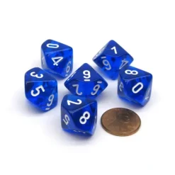 Dice>Translucent 16mm D10 (0-9) Chessex Dice, 6 Pieces - Blue with White Numbers - Your Source for Gaming Essentials