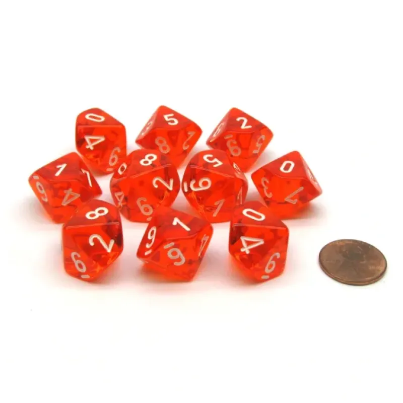 Dice>Translucent 16mm D10 (0-9) Chessex Dice, 10 Pieces - Orange with White Numbers - Your Source for Gaming Essentials