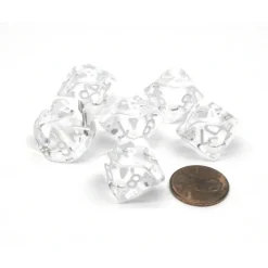 Dice>Translucent 16mm D10 (0-9) Chessex Dice, 6 Pieces - Clear with White Numbers - Your Source for Gaming Essentials