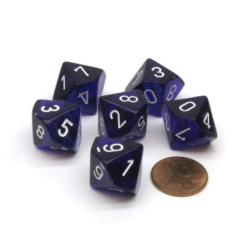 Dice>Translucent 16mm D10 (0-9) Chessex Dice, 6 Pieces - Purple with White Numbers - Your Source for Gaming Essentials