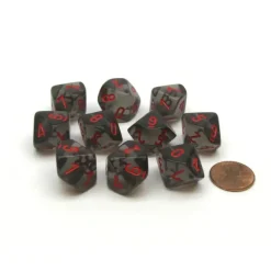 Dice>Translucent 16mm D10 (0-9) Chessex Dice, 10 Pieces - Smoke with Red Numbers - Your Source for Gaming Essentials