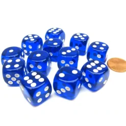 Dice>Translucent 16mm D6 Chessex Dice Block (12 Die) - Blue with White Pips - Your Source for Gaming Essentials