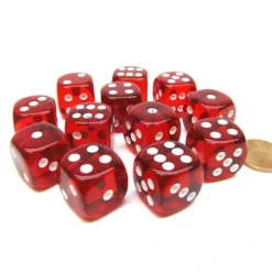 Dice>Translucent 16mm D6 Chessex Dice Block (12 Die) - Red with White Pips - Your Source for Gaming Essentials
