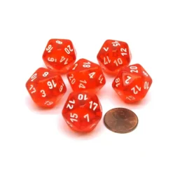 Dice>Translucent 20mm D20 Chessex Dice, 6 Pieces - Orange-Red with White Numbers - Your Source for Gaming Essentials