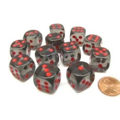 Dice>Translucent 16mm D6 Chessex Dice Block (12 Die) - Smoke with Red Pips - Your Source for Gaming Essentials
