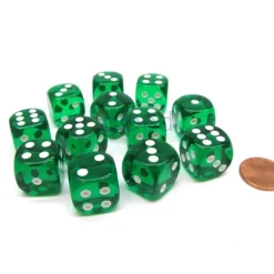 Dice>Translucent 16mm D6 Chessex Dice Block (12 Die) - Green with White Pips - Your Source for Gaming Essentials