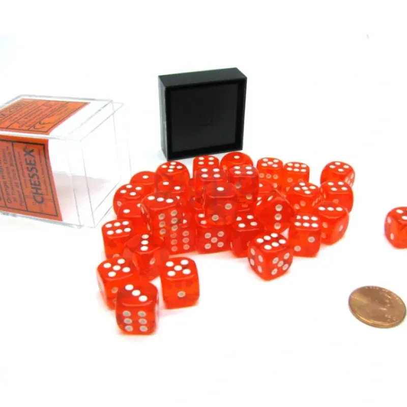Dice>Translucent 12mm D6 Chessex Dice Block (36 Die) - Orange with White Pips - Your Source for Gaming Essentials