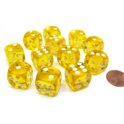 Dice>Translucent 16mm D6 Chessex Dice Block (12 Die) - Yellow with White Pips - Your Source for Gaming Essentials