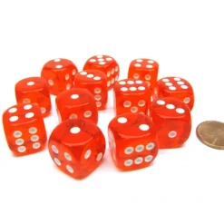 Dice>Translucent 16mm D6 Chessex Dice Block (12 Die) - Orange with White Pips - Your Source for Gaming Essentials