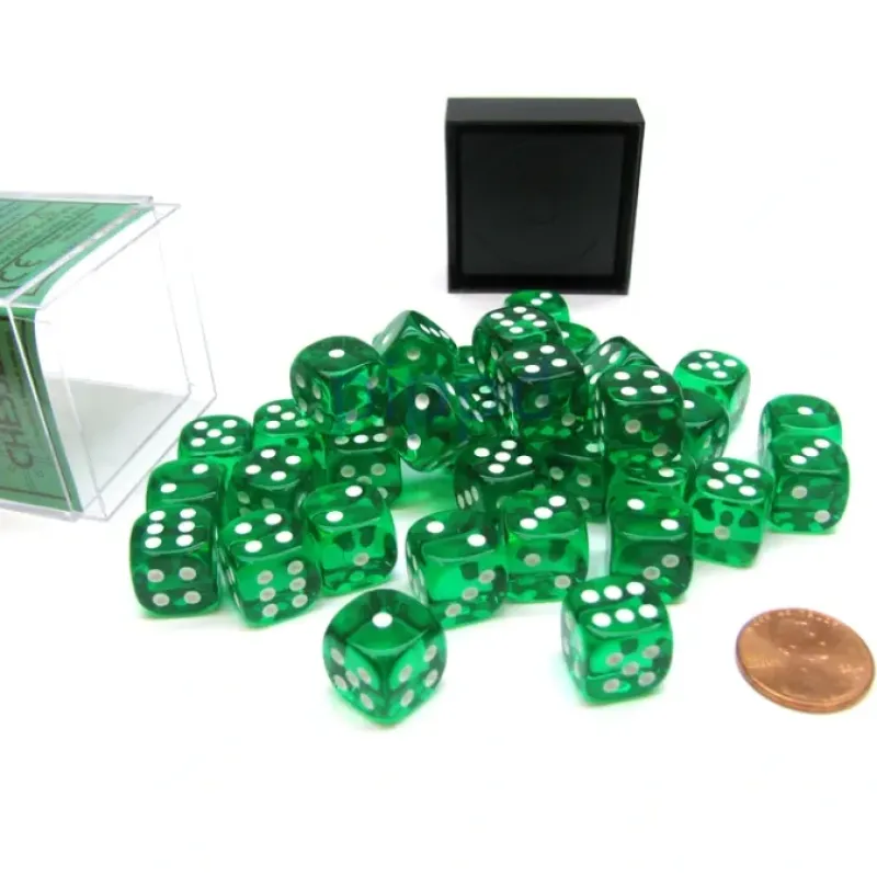 Dice>Translucent 12mm D6 Chessex Dice Block (36 Die) - Green with White Pips - Your Source for Gaming Essentials