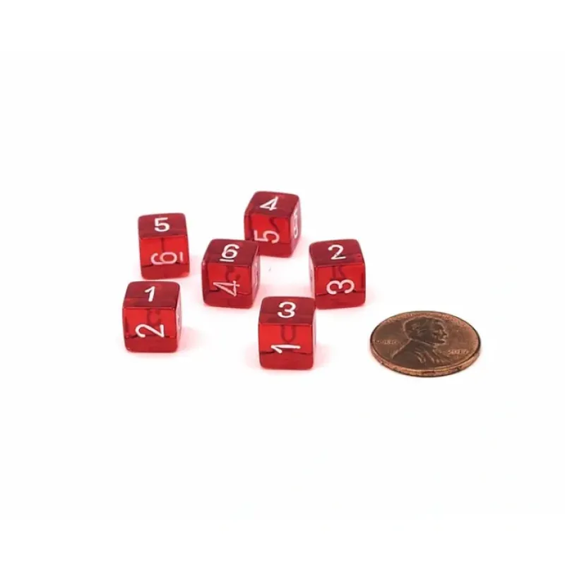 Dice>Translucent 9mm Mini 6 Sided D6 Dice, 6 Pieces - Red with White Numbers - Your Source for Gaming Essentials