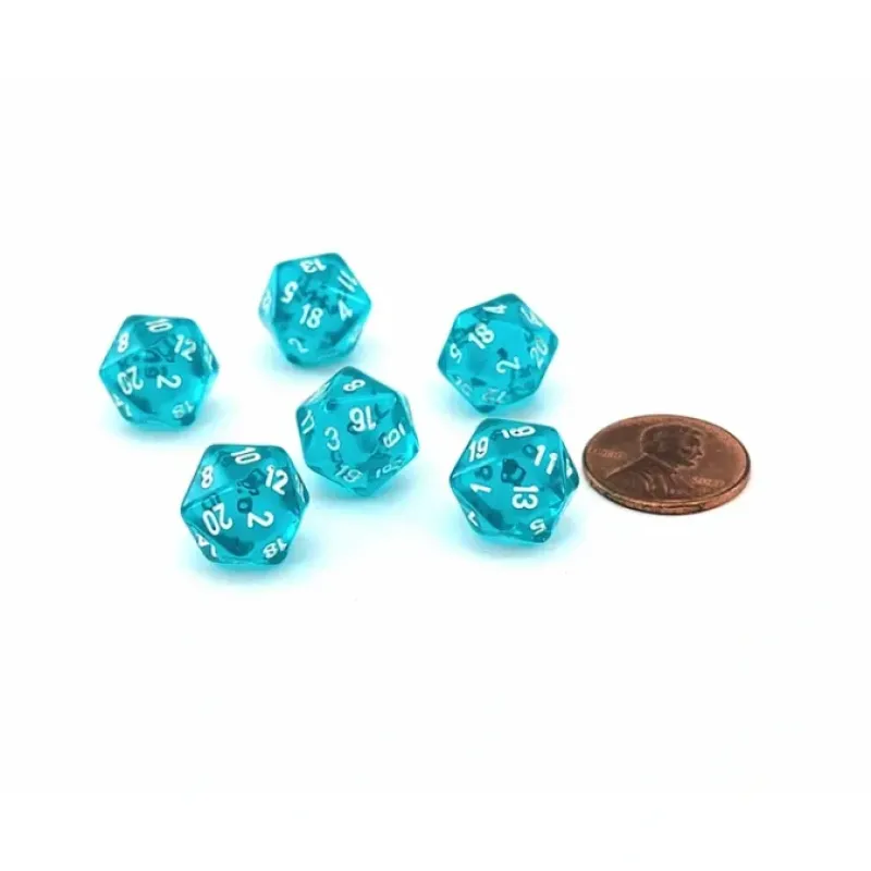 Dice>Translucent 12mm Mini 20 Sided D20 Dice, 6 Pieces - Teal with White Numbers - Your Source for Gaming Essentials