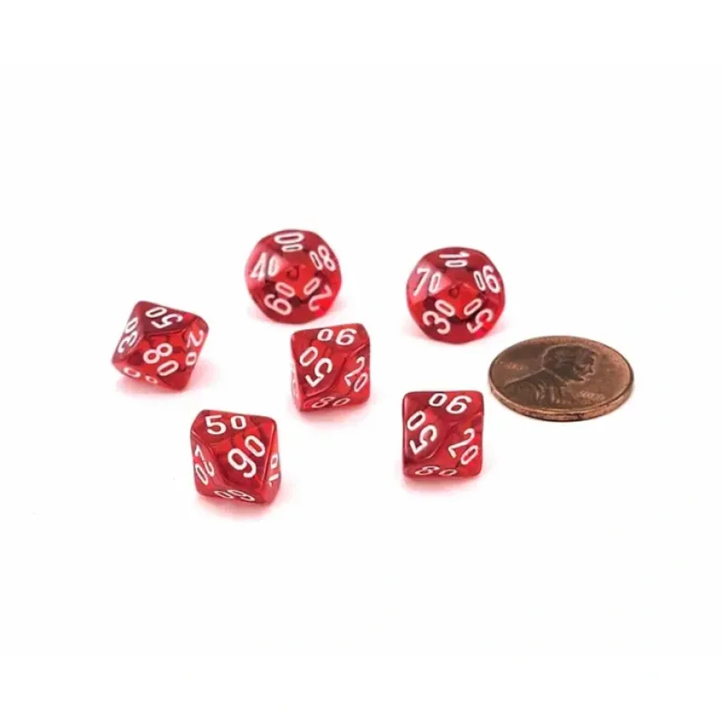 Dice>Translucent 10mm Mini Tens D10 Dice, 6 Pieces - Red with White Numbers - Your Source for Gaming Essentials