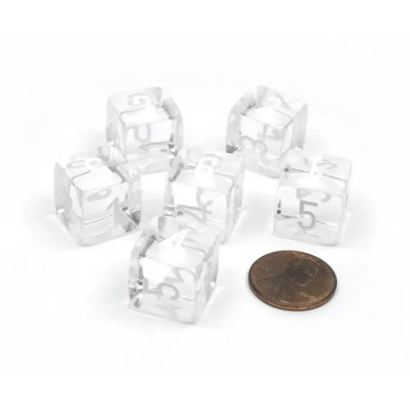 Dice>Translucent 15mm 6-Sided D6 Chessex Dice, 6 Pieces - Clear with White Numbers - Your Source for Gaming Essentials