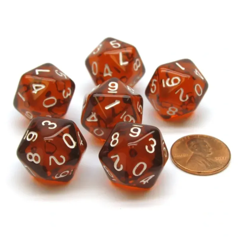 Dice>Translucent 18mm 20-Sided D10 Dice Numbered 0-9 Twice, 6 Pieces - Brown - Your Source for Gaming Essentials