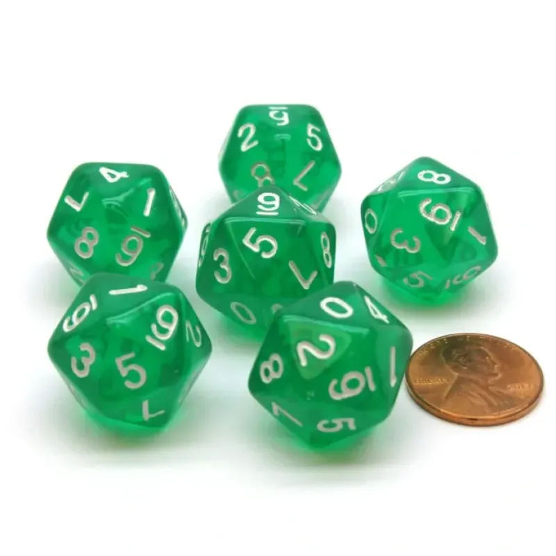 Dice>Translucent 18mm 20-Sided D10 Dice Numbered 0-9 Twice, 6 Pieces - Green - Your Source for Gaming Essentials